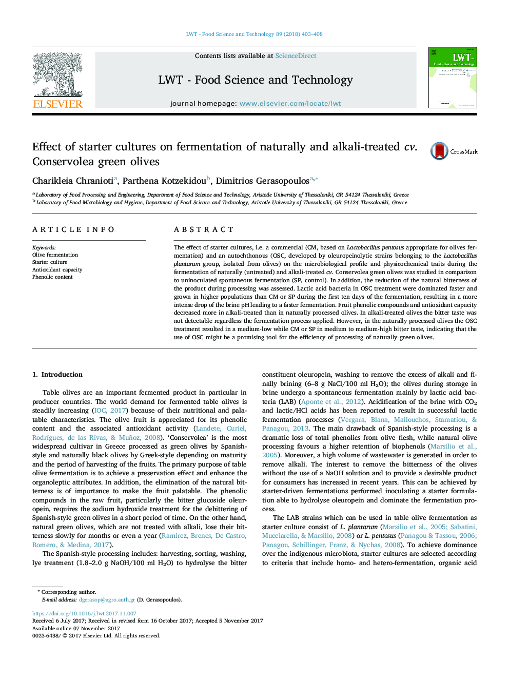 Effect of starter cultures on fermentation of naturally and alkali-treated cv. Conservolea green olives