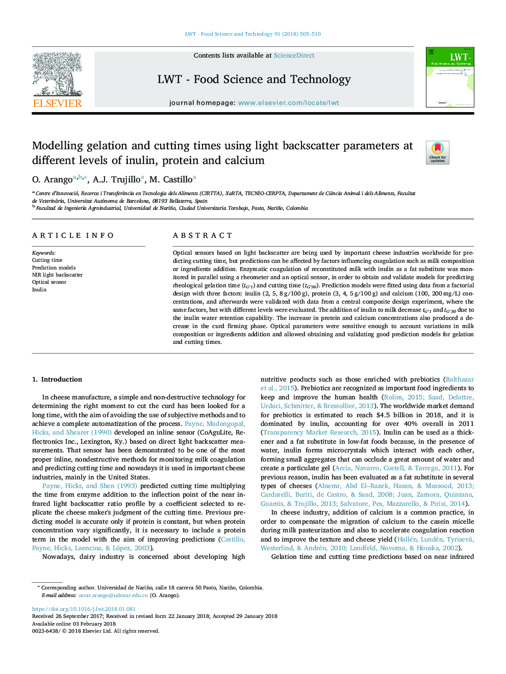 Modelling gelation and cutting times using light backscatter parameters at different levels of inulin, protein and calcium