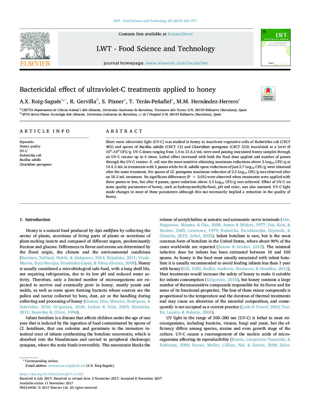 Bactericidal effect of ultraviolet-C treatments applied to honey