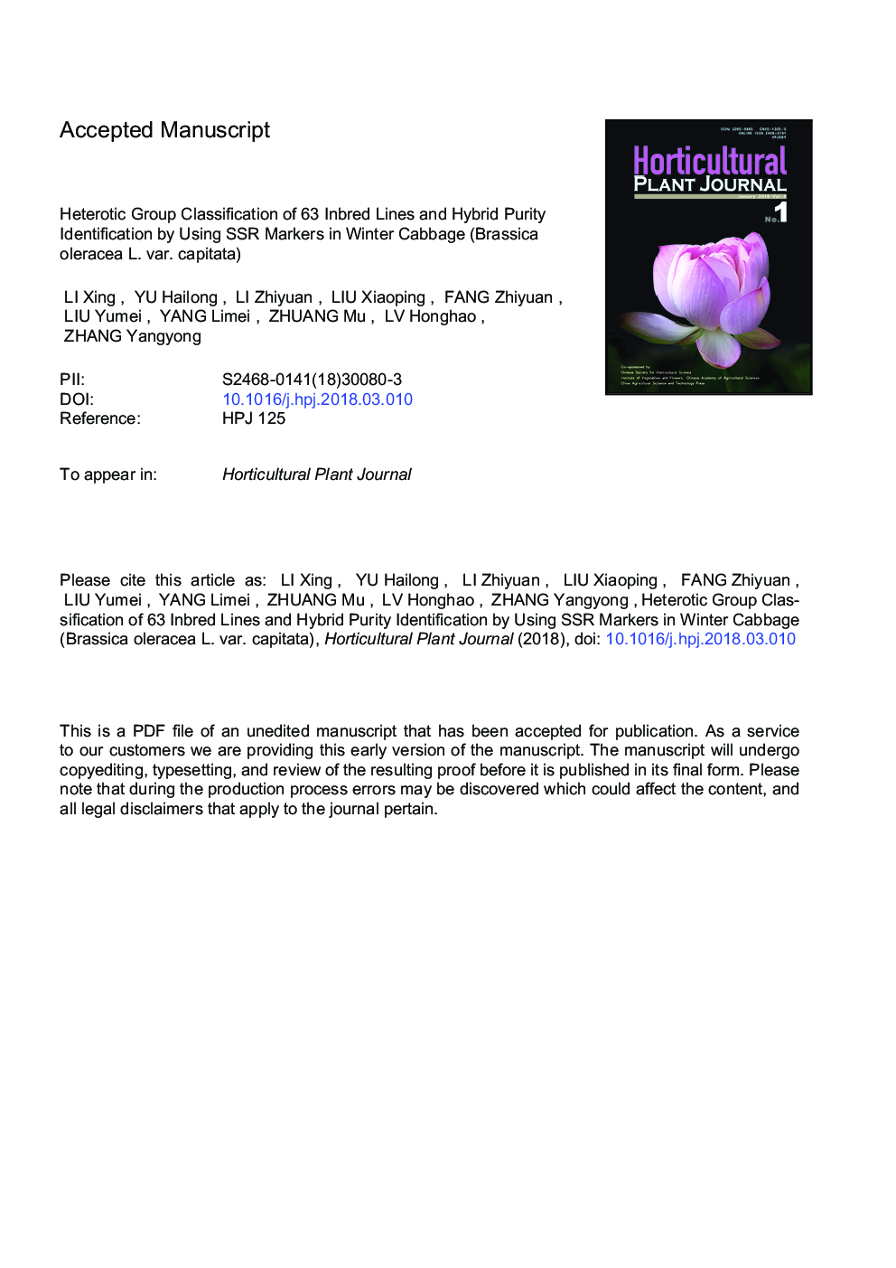 Heterotic Group Classification of 63 Inbred Lines and Hybrid Purity Identification by Using SSR Markers in Winter Cabbage (Brassica Oleracea L. var. capitata)