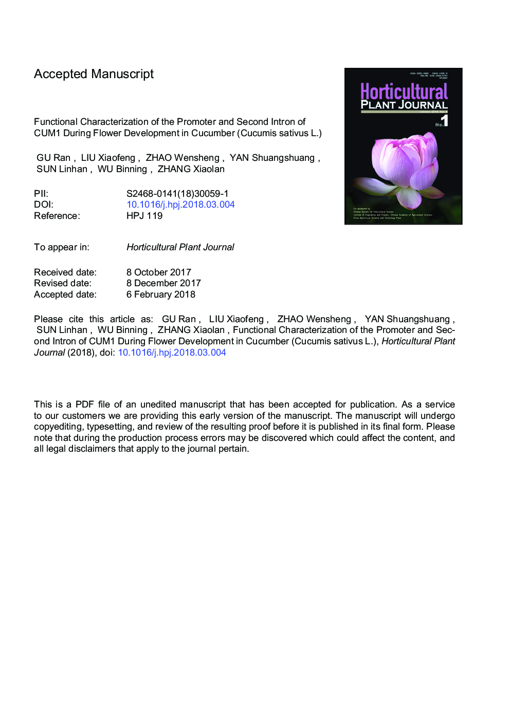 Functional Characterization of the Promoter and Second Intron of CUM1 During Flower Development in Cucumber (Cucumis sativusÂ L.)