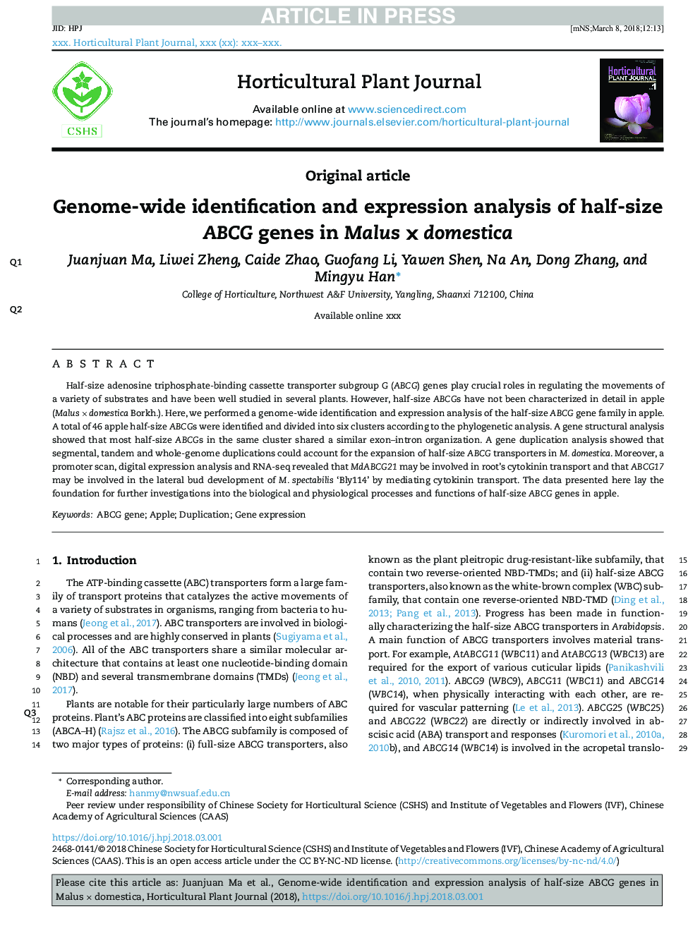 Genome-wide Identification and Expression Analysis of Half-size ABCG Genes in Malusâ¯Ãâ¯domestica