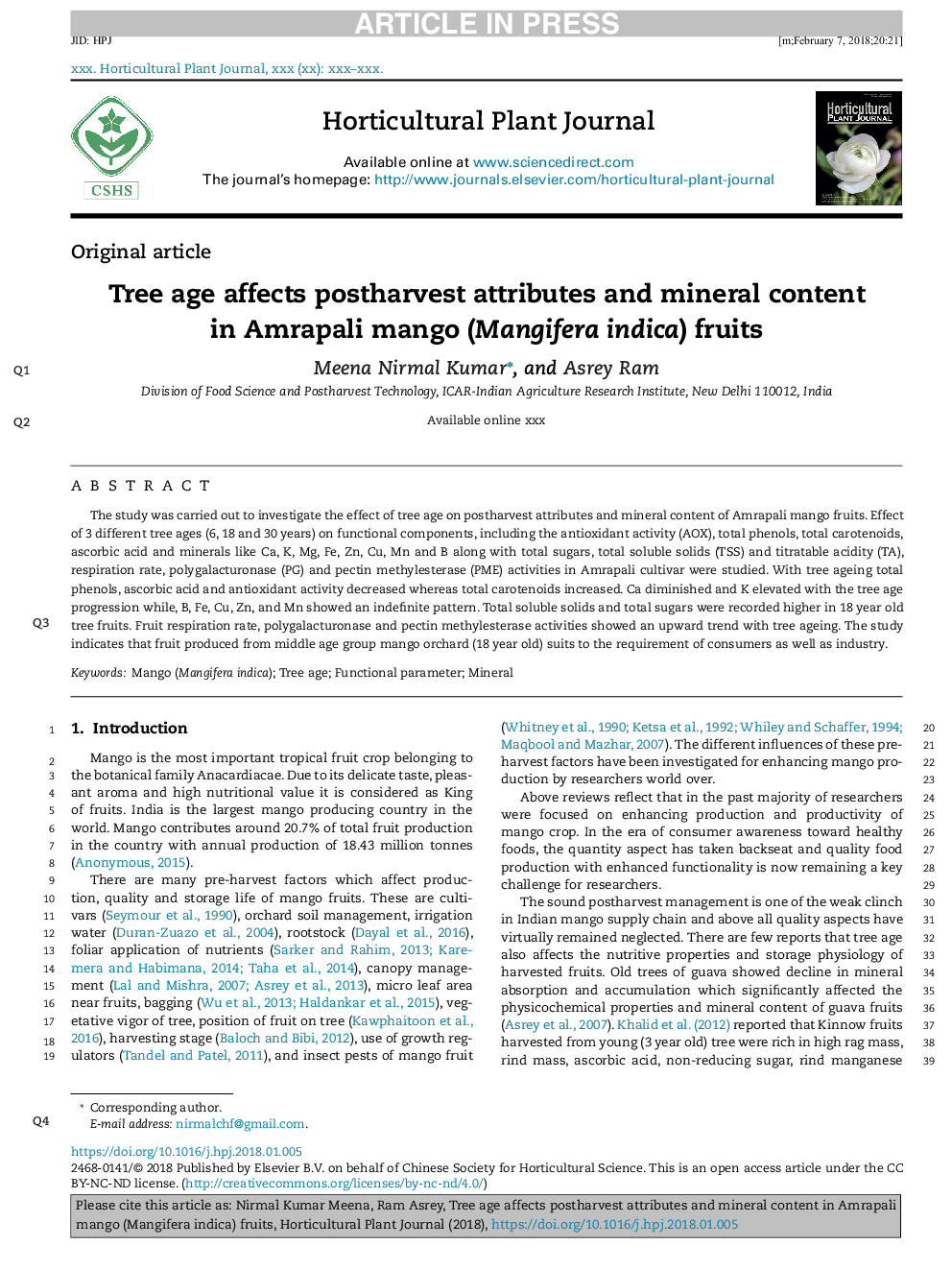 Tree Age Affects Postharvest Attributes and Mineral Content in Amrapali Mango (Mangifera indica) Fruits