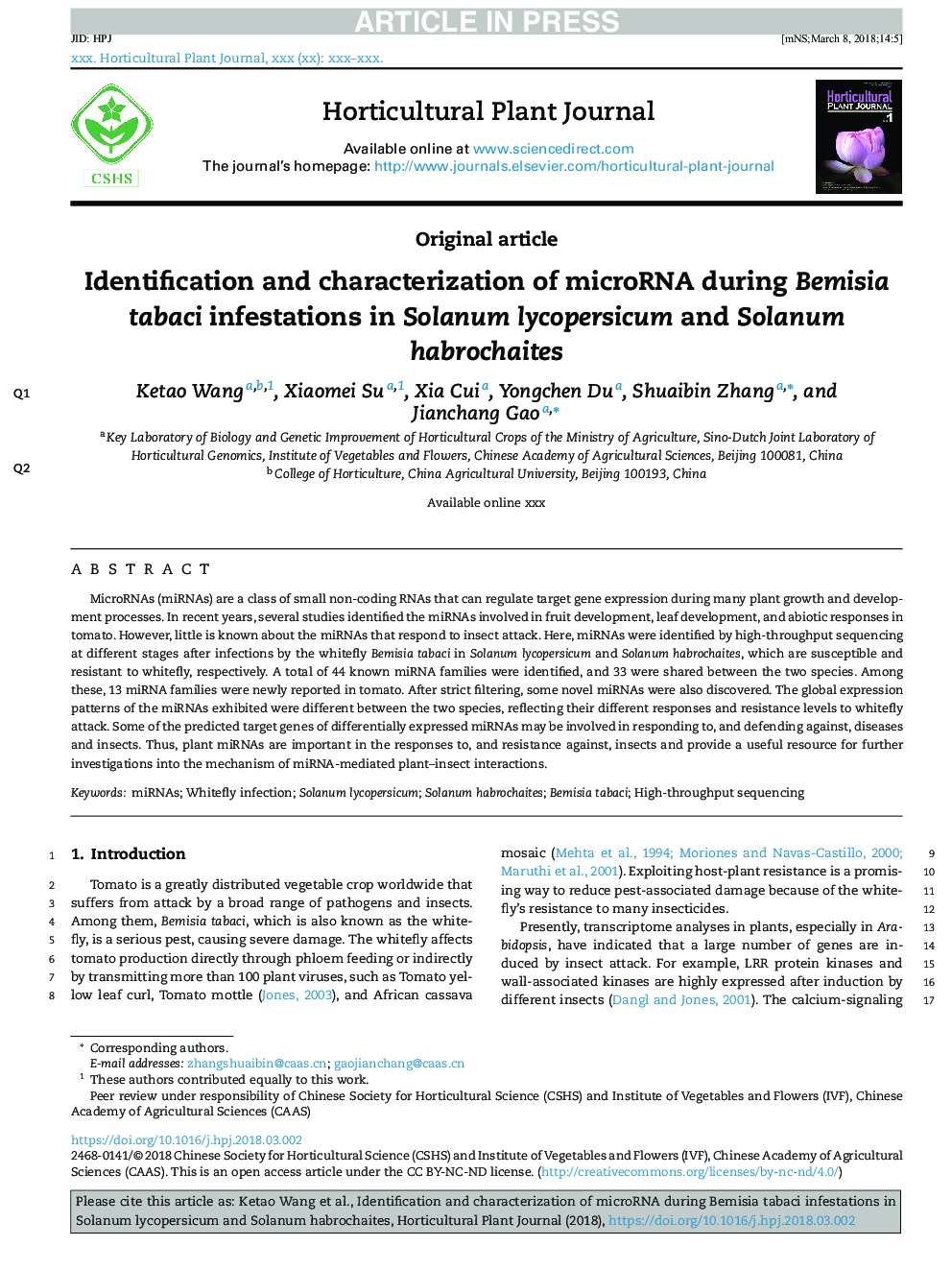 Identification and Characterization of microRNA during Bemisia tabaci Infestations in Solanum lycopersicum and Solanum habrochaites