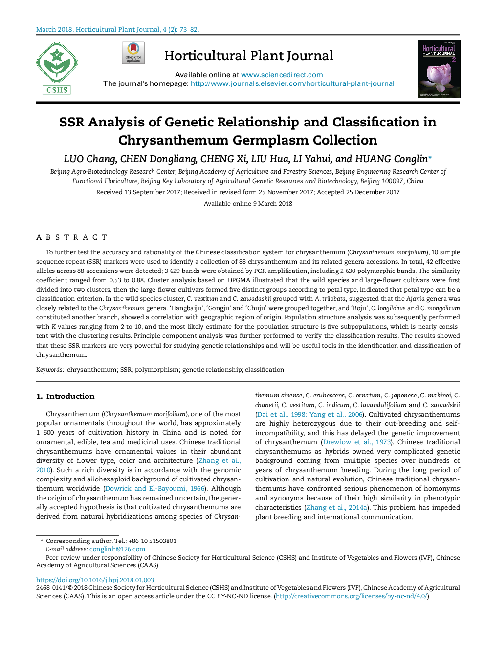 SSR Analysis of Genetic Relationship and Classification in Chrysanthemum Germplasm Collection