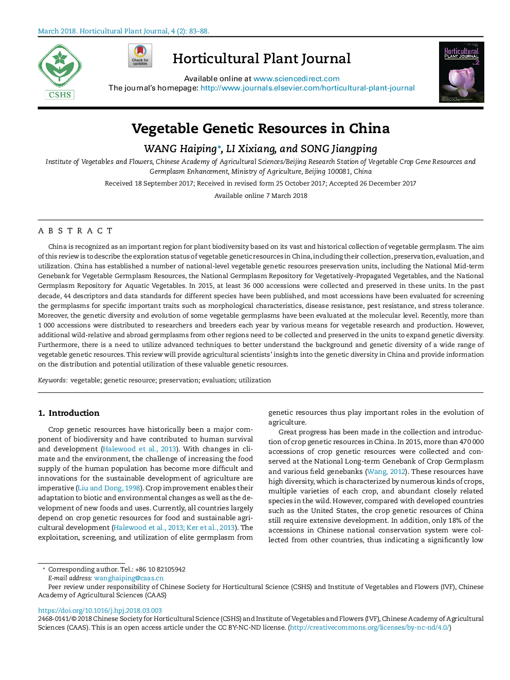 Vegetable Genetic Resources in China