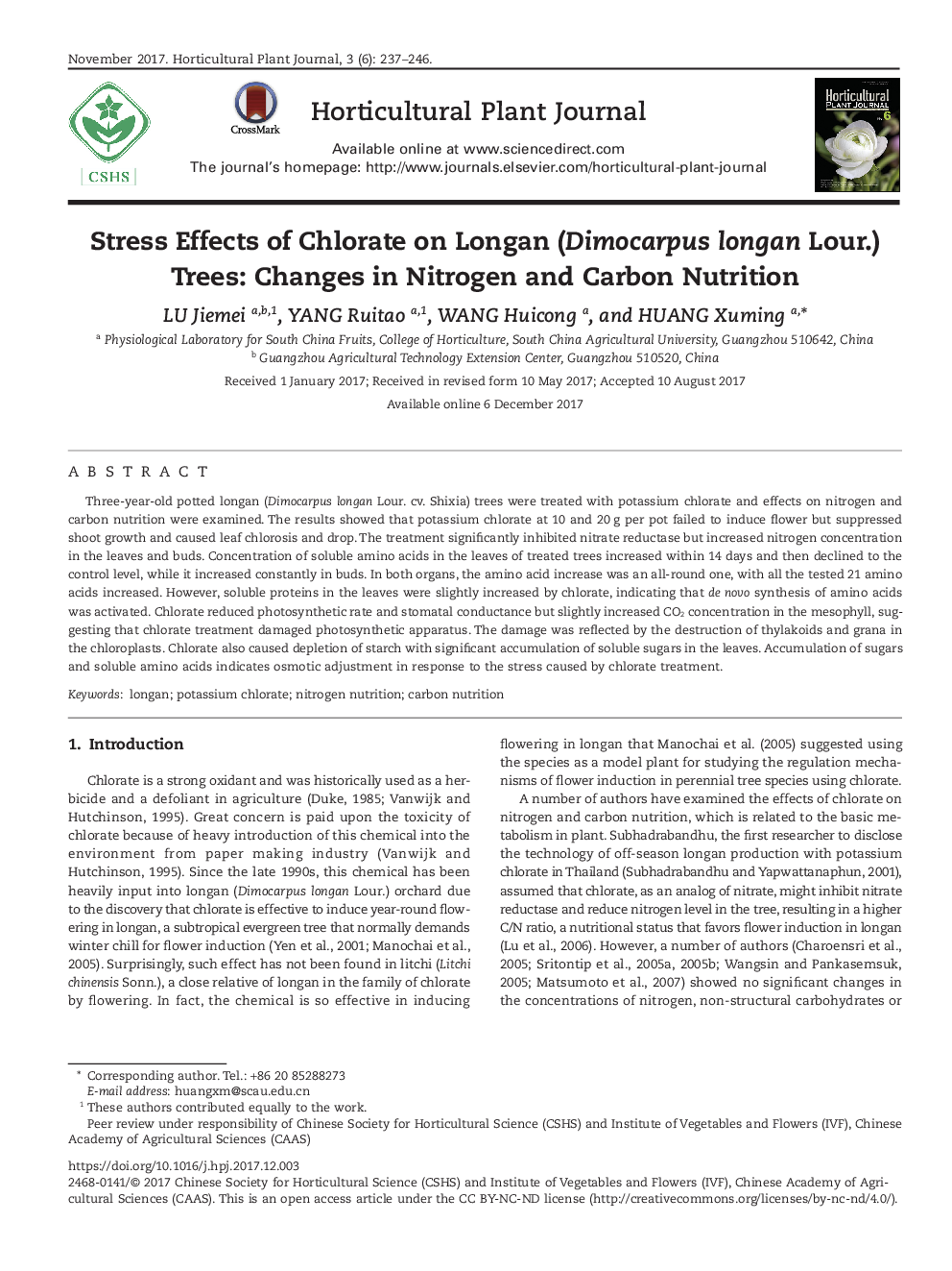Stress Effects of Chlorate on Longan (Dimocarpus longan Lour.) Trees: Changes in Nitrogen and Carbon Nutrition