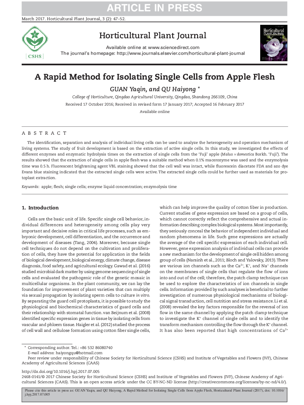 A Rapid Method for Isolating Single Cells from Apple Flesh