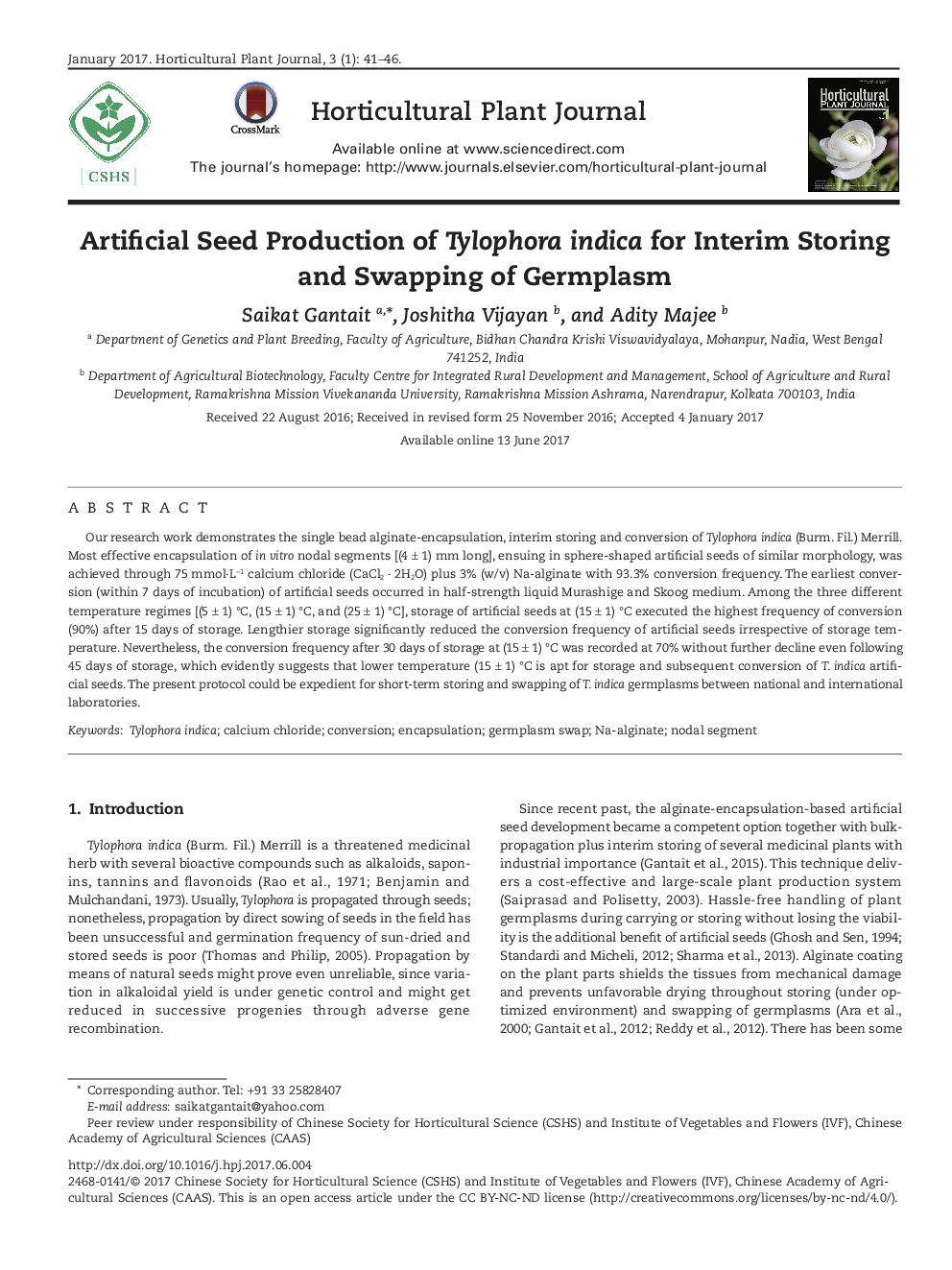 Artificial Seed Production of Tylophora indica for Interim Storing and Swapping of Germplasm