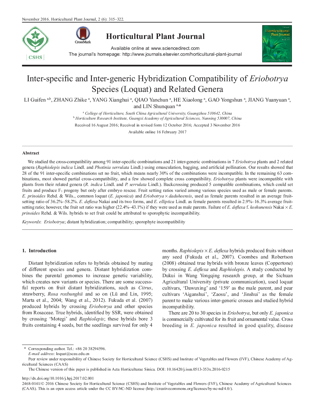 Inter-specific and Inter-generic Hybridization Compatibility of Eriobotrya Species (Loquat) and Related Genera