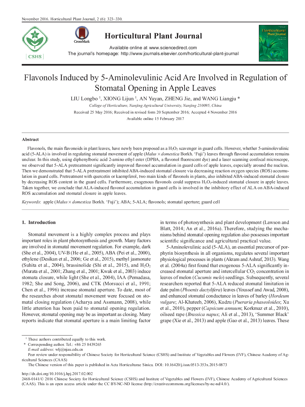 Flavonols Induced by 5-Aminolevulinic Acid Are Involved in Regulation of Stomatal Opening in Apple Leaves