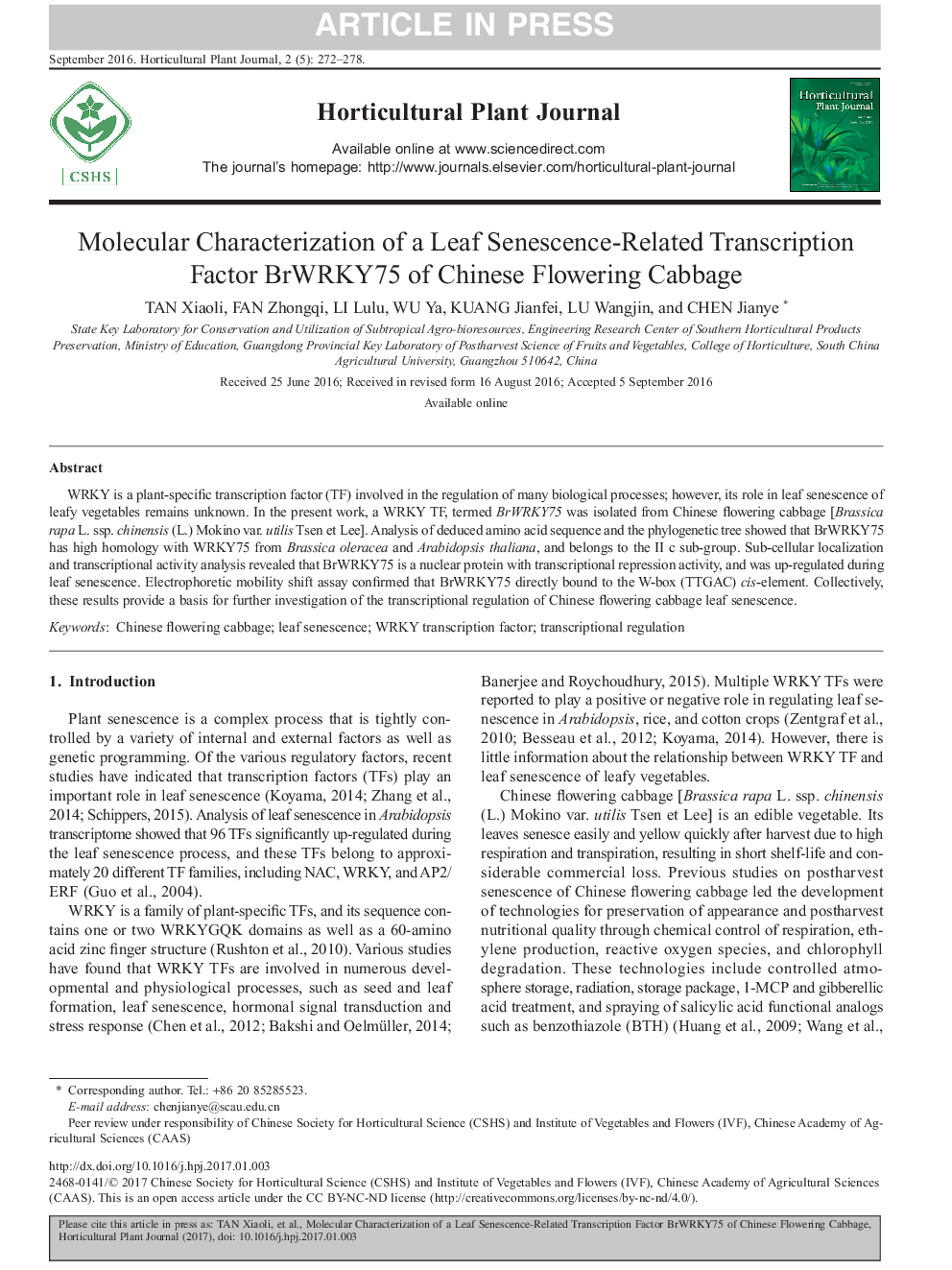 Molecular Characterization of a Leaf Senescence-Related Transcription Factor BrWRKY75 of Chinese Flowering Cabbage