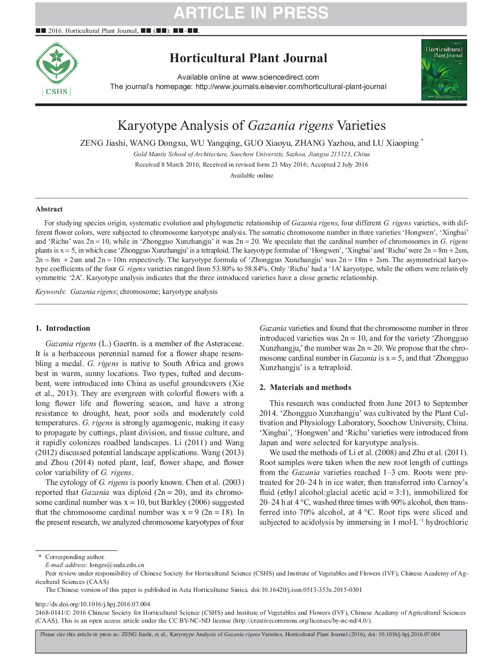 Karyotype Analysis of Gazania rigens Varieties