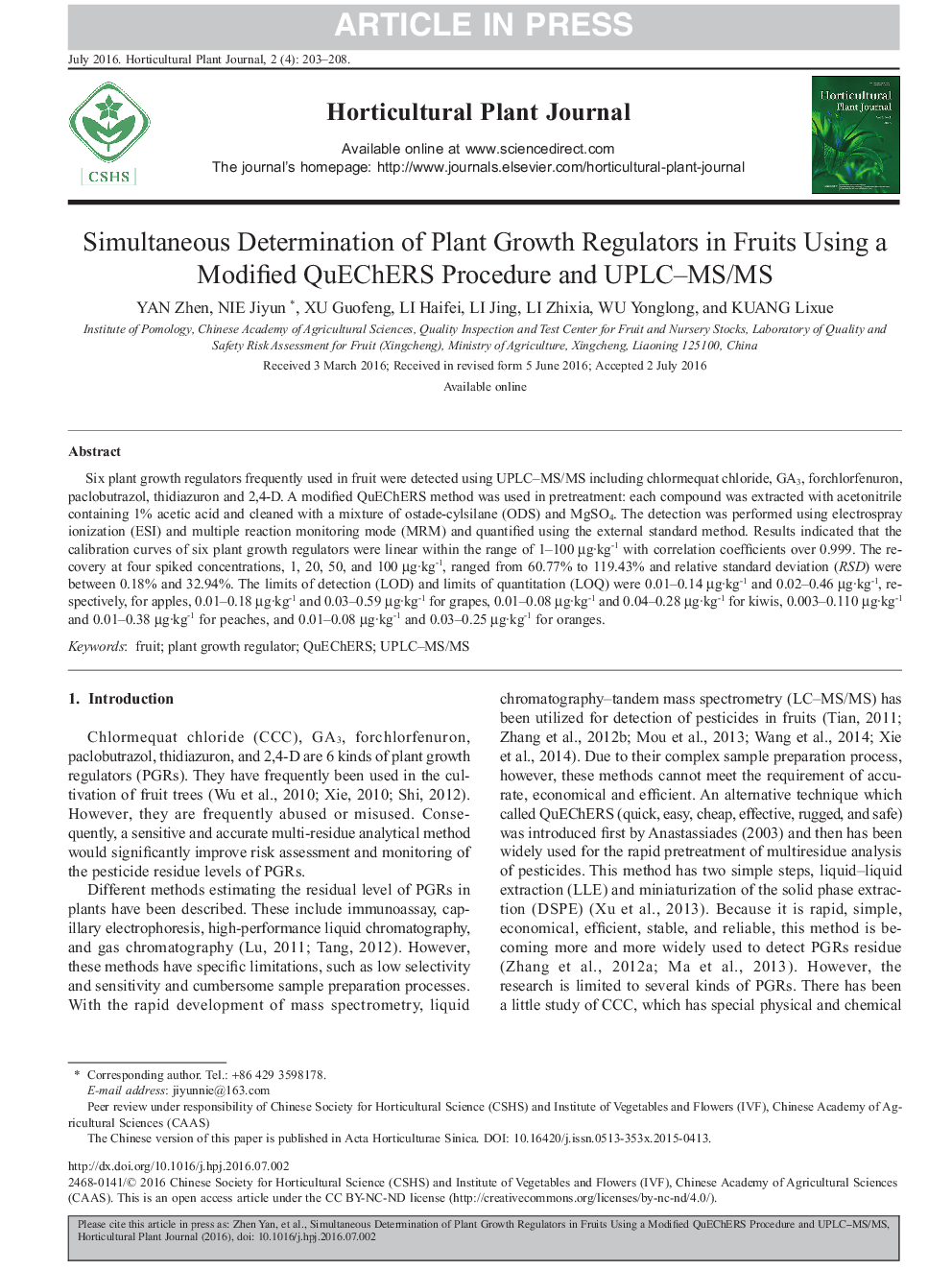 Simultaneous Determination of Plant Growth Regulators in Fruits Using a Modified QuEChERS Procedure and UPLC-MS/MS