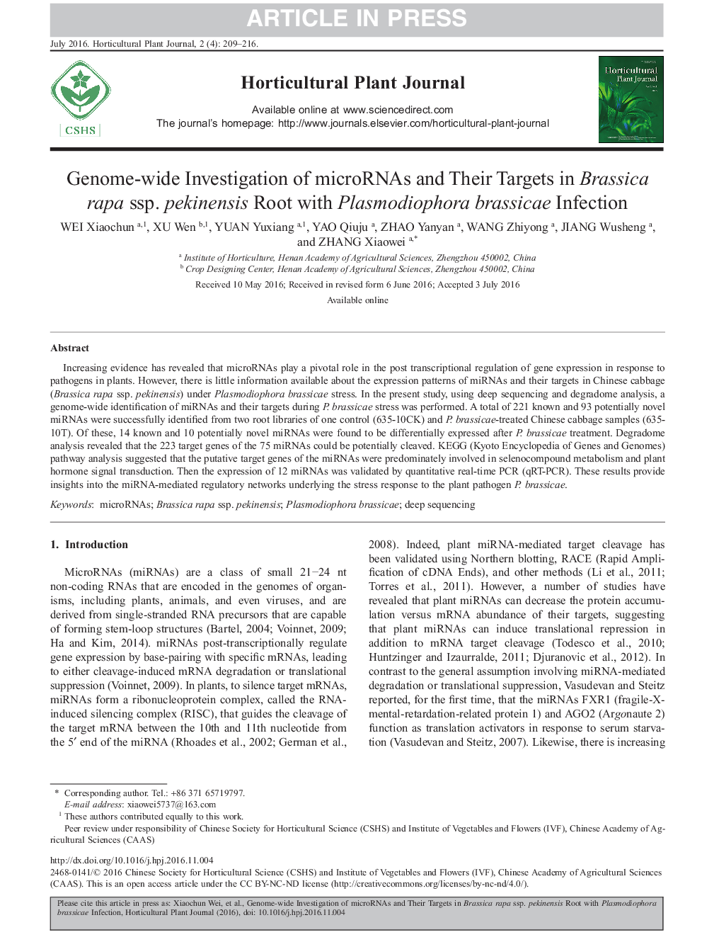 Genome-wide Investigation of microRNAs and Their Targets in Brassica rapa ssp. pekinensis Root with Plasmodiophora brassicae Infection