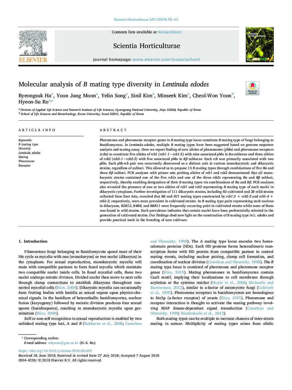 Molecular analysis of B mating type diversity in Lentinula edodes