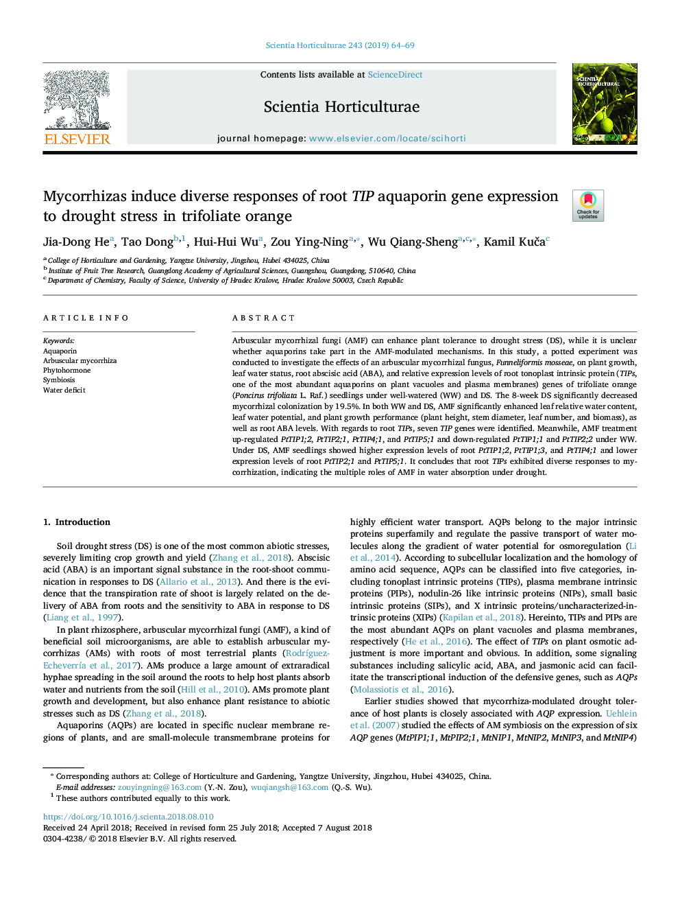 Mycorrhizas induce diverse responses of root TIP aquaporin gene expression to drought stress in trifoliate orange