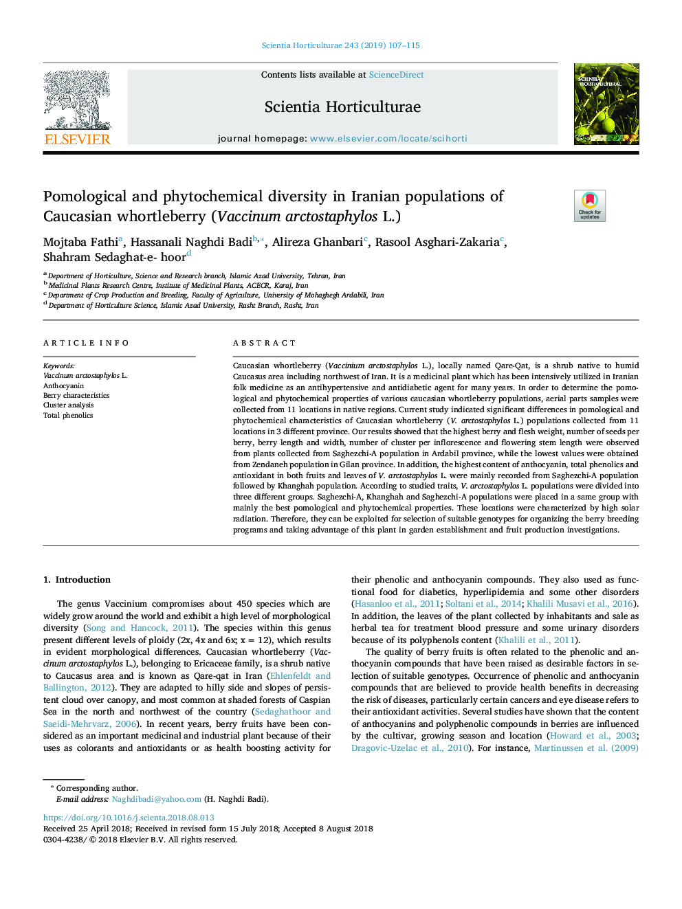 Pomological and phytochemical diversity in Iranian populations of Caucasian whortleberry (Vaccinum arctostaphylos L.)