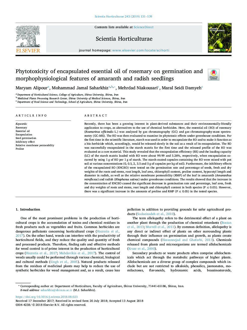 Phytotoxicity of encapsulated essential oil of rosemary on germination and morphophysiological features of amaranth and radish seedlings