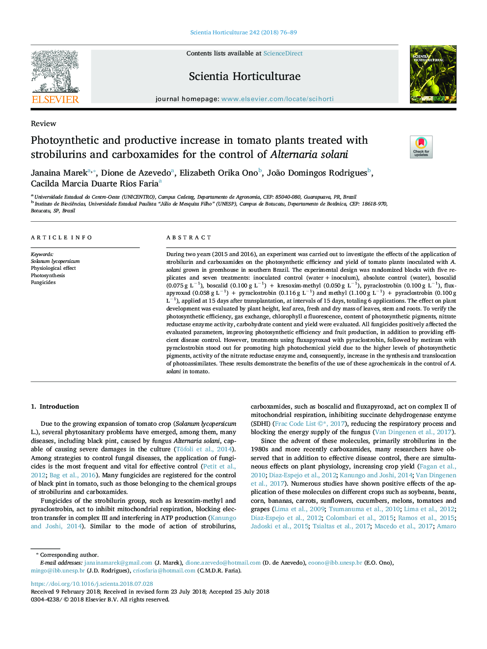 Photoynthetic and productive increase in tomato plants treated with strobilurins and carboxamides for the control of Alternaria solani