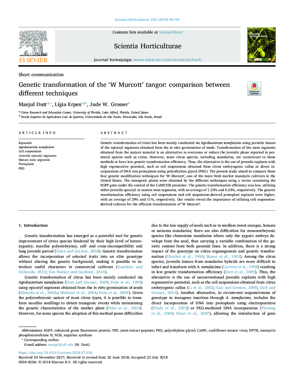 Genetic transformation of the 'W Murcott' tangor: comparison between different techniques