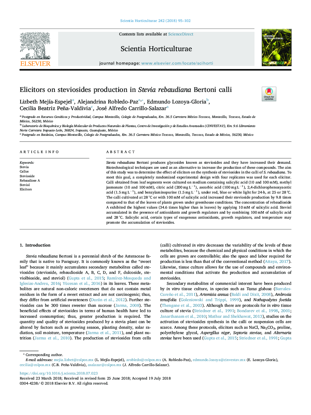 Elicitors on steviosides production in Stevia rebaudiana Bertoni calli