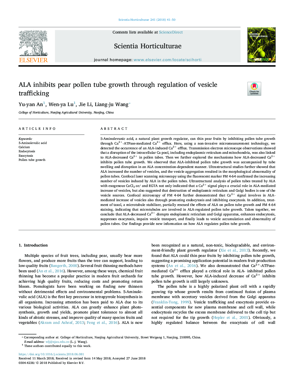 ALA inhibits pear pollen tube growth through regulation of vesicle trafficking