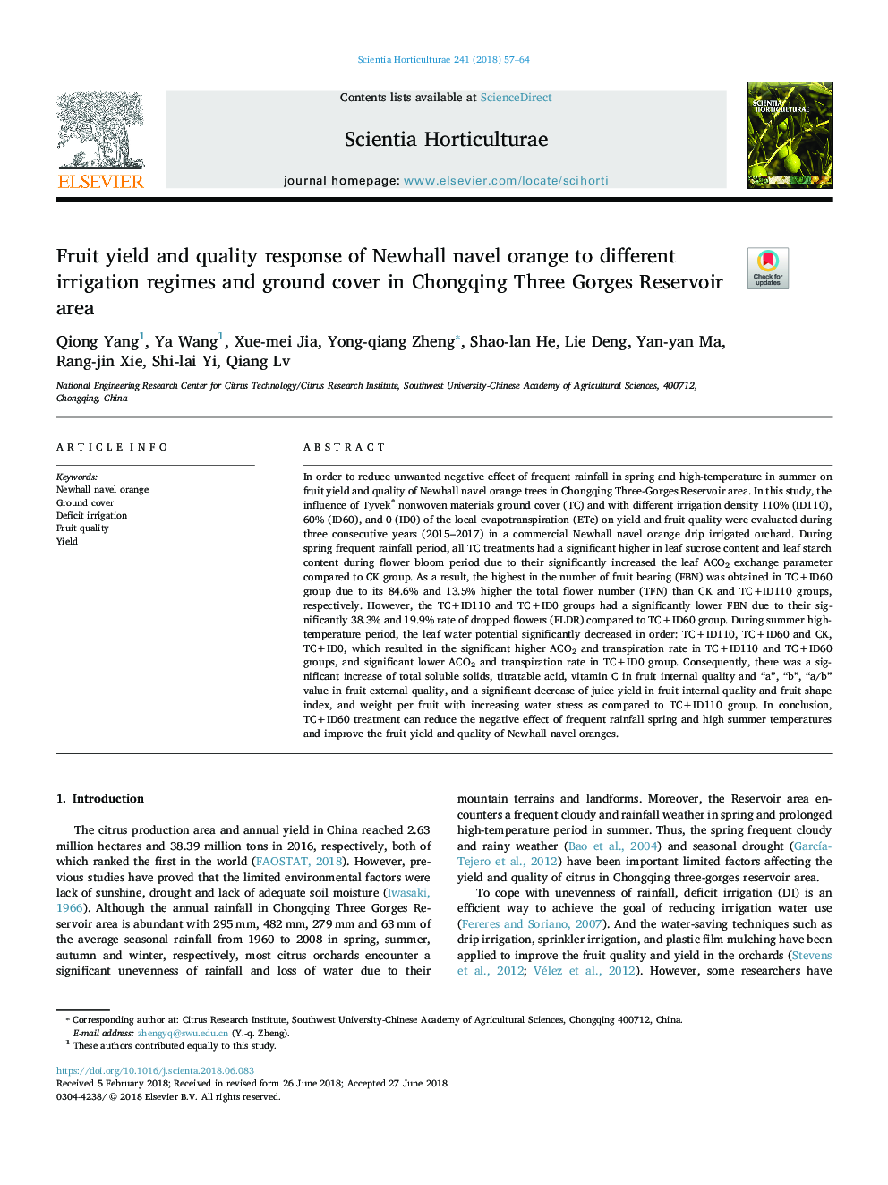 Fruit yield and quality response of Newhall navel orange to different irrigation regimes and ground cover in Chongqing Three Gorges Reservoir area