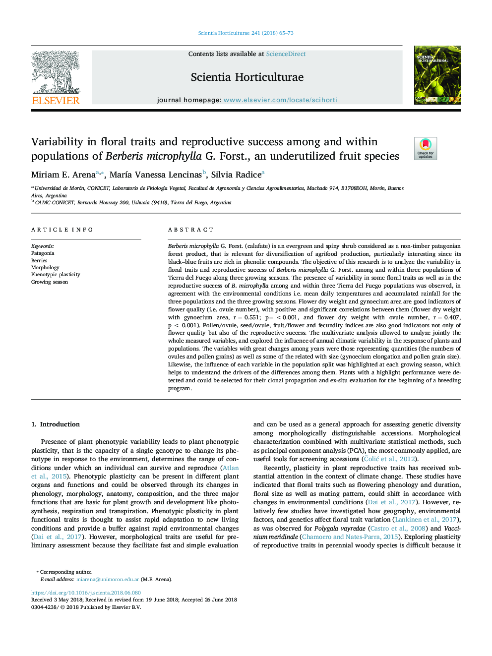 Variability in floral traits and reproductive success among and within populations of Berberis microphylla G. Forst., an underutilized fruit species