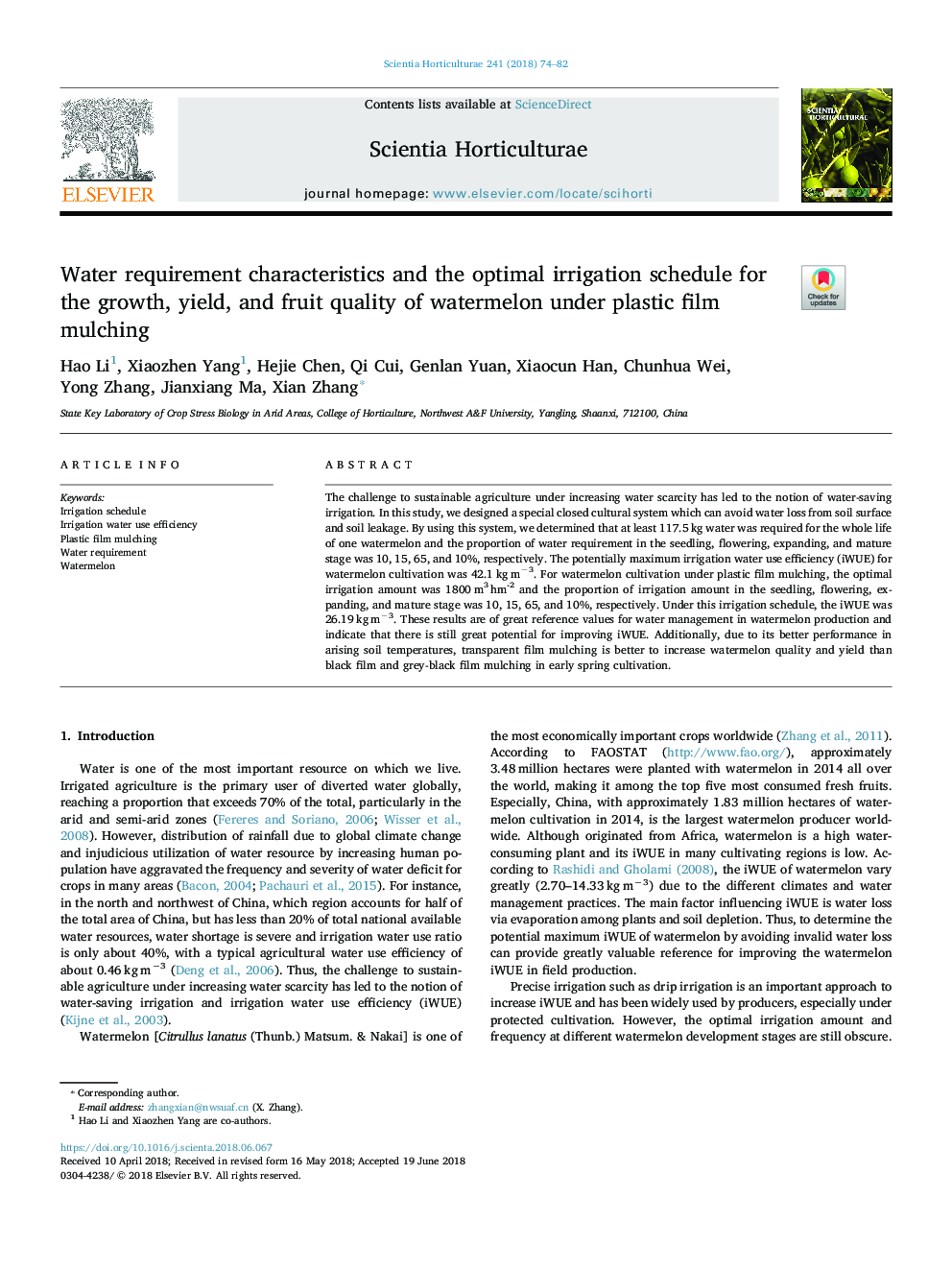 Water requirement characteristics and the optimal irrigation schedule for the growth, yield, and fruit quality of watermelon under plastic film mulching