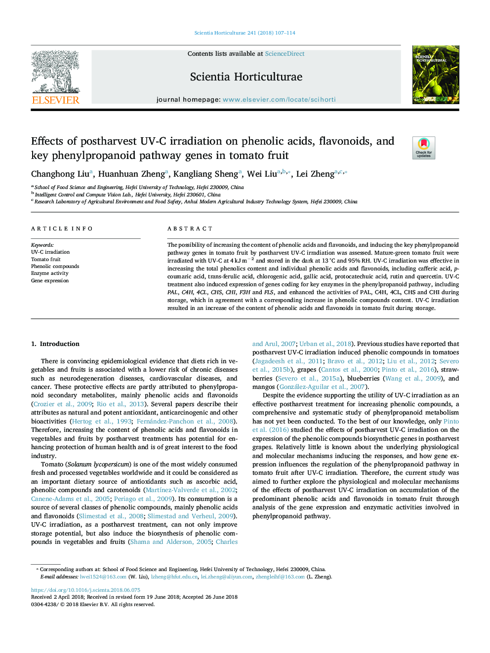 Effects of postharvest UV-C irradiation on phenolic acids, flavonoids, and key phenylpropanoid pathway genes in tomato fruit