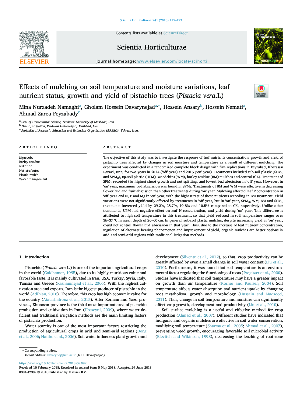 Effects of mulching on soil temperature and moisture variations, leaf nutrient status, growth and yield of pistachio trees (Pistacia vera.L)