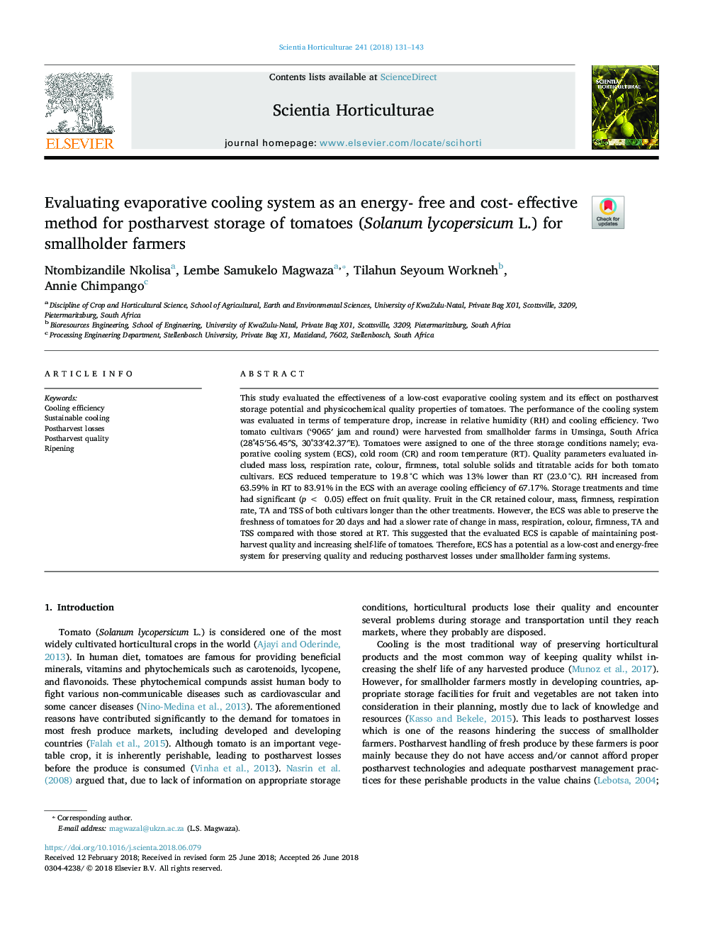 Evaluating evaporative cooling system as an energy- free and cost- effective method for postharvest storage of tomatoes (Solanum lycopersicum L.) for smallholder farmers