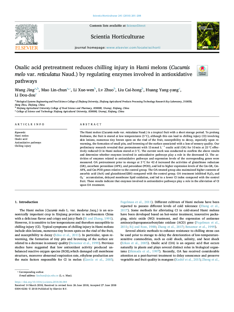 Oxalic acid pretreatment reduces chilling injury in Hami melons (Cucumis melo var. reticulatus Naud.) by regulating enzymes involved in antioxidative pathways