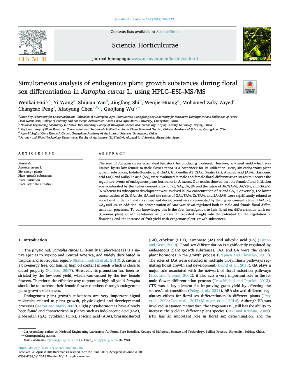 Simultaneous analysis of endogenous plant growth substances during floral sex differentiation in Jatropha curcas L. using HPLC-ESI-MS/MS