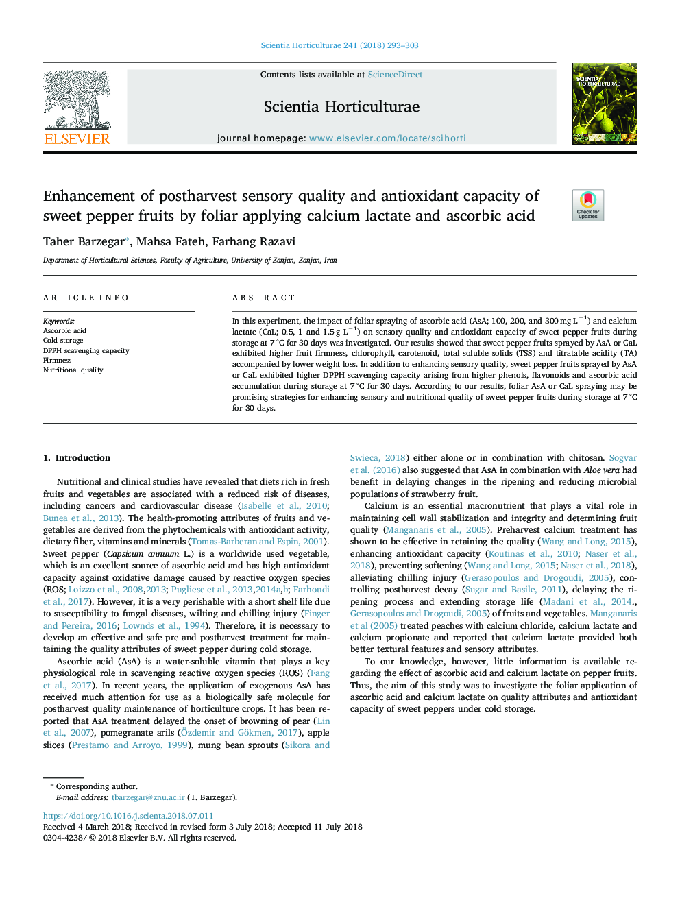 Enhancement of postharvest sensory quality and antioxidant capacity of sweet pepper fruits by foliar applying calcium lactate and ascorbic acid