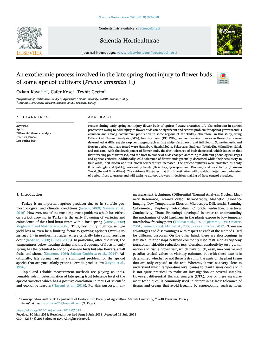 An exothermic process involved in the late spring frost injury to flower buds of some apricot cultivars (Prunus armenica L.)