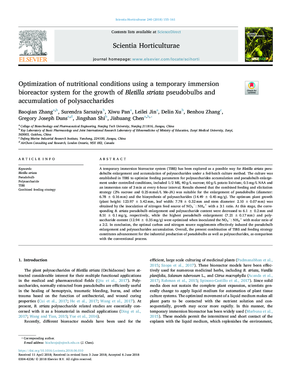 Optimization of nutritional conditions using a temporary immersion bioreactor system for the growth of Bletilla striata pseudobulbs and accumulation of polysaccharides