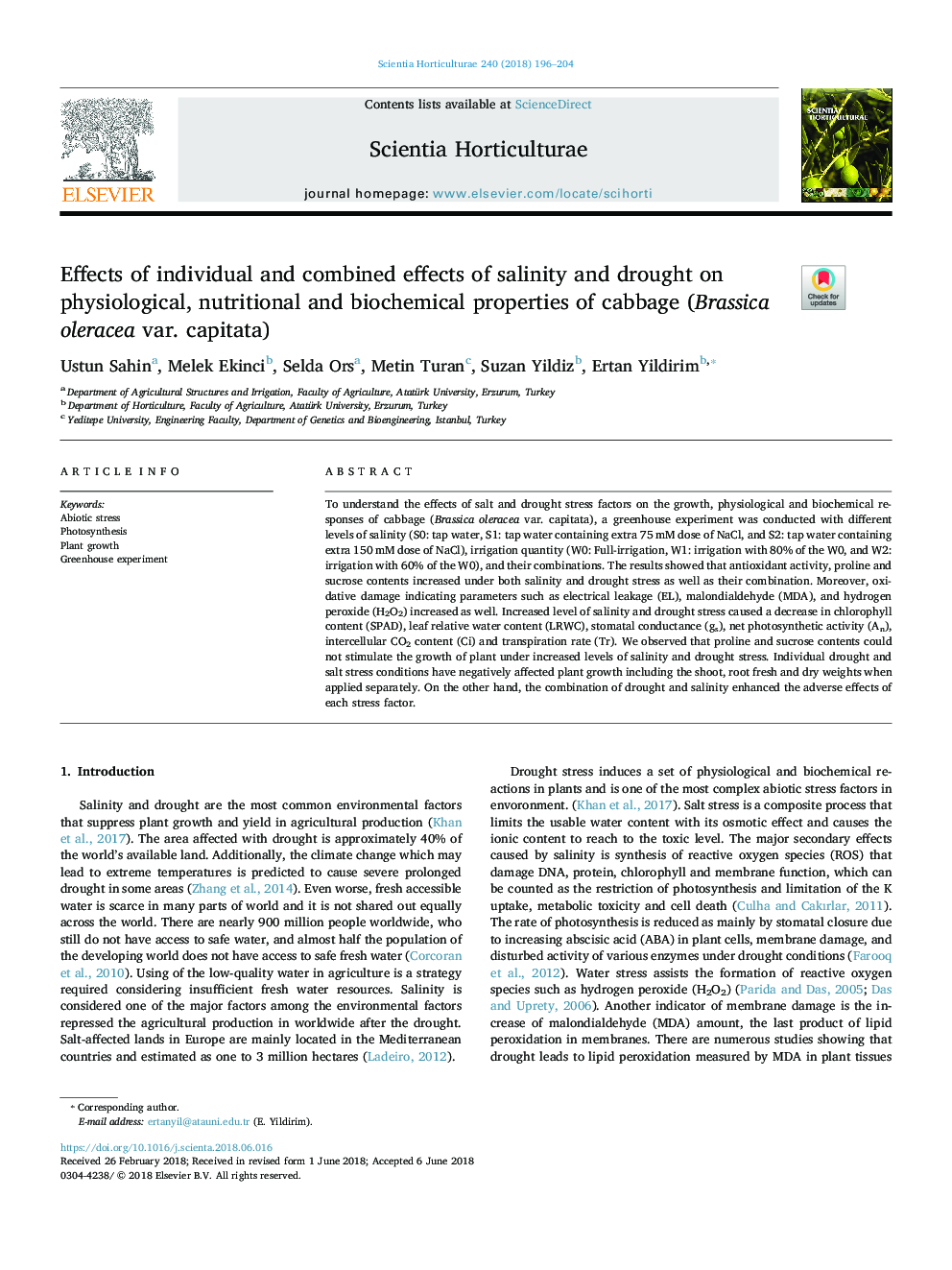 Effects of individual and combined effects of salinity and drought on physiological, nutritional and biochemical properties of cabbage (Brassica oleracea var. capitata)