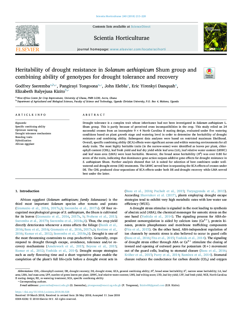 Heritability of drought resistance in Solanum aethiopicum Shum group and combining ability of genotypes for drought tolerance and recovery
