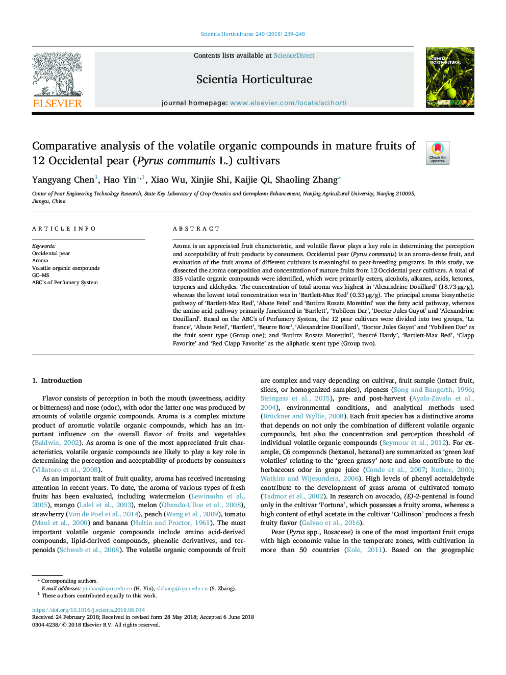 Comparative analysis of the volatile organic compounds in mature fruits of 12 Occidental pear (Pyrus communis L.) cultivars