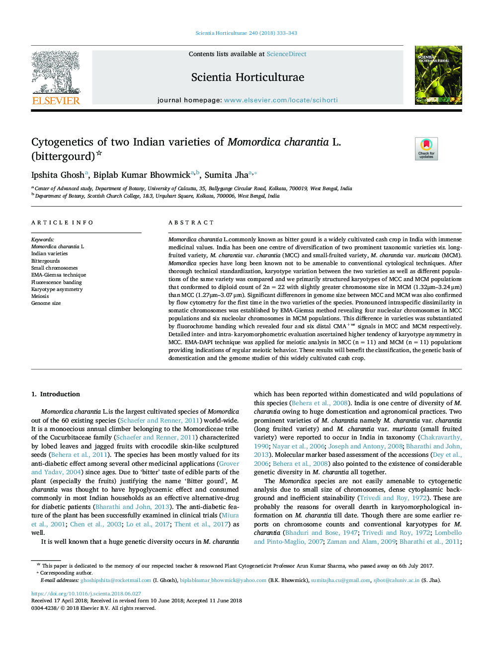 Cytogenetics of two Indian varieties of Momordica charantia L. (bittergourd)