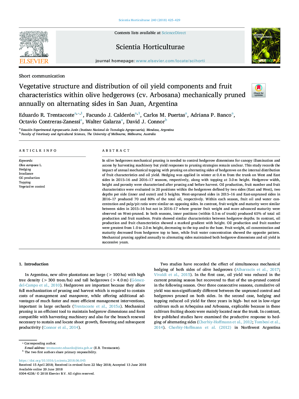 Vegetative structure and distribution of oil yield components and fruit characteristics within olive hedgerows (cv. Arbosana) mechanically pruned annually on alternating sides in San Juan, Argentina
