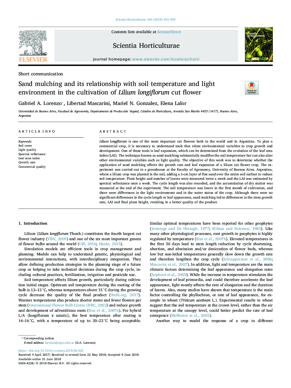 Sand mulching and its relationship with soil temperature and light environment in the cultivation of Lilium longiflorum cut flower