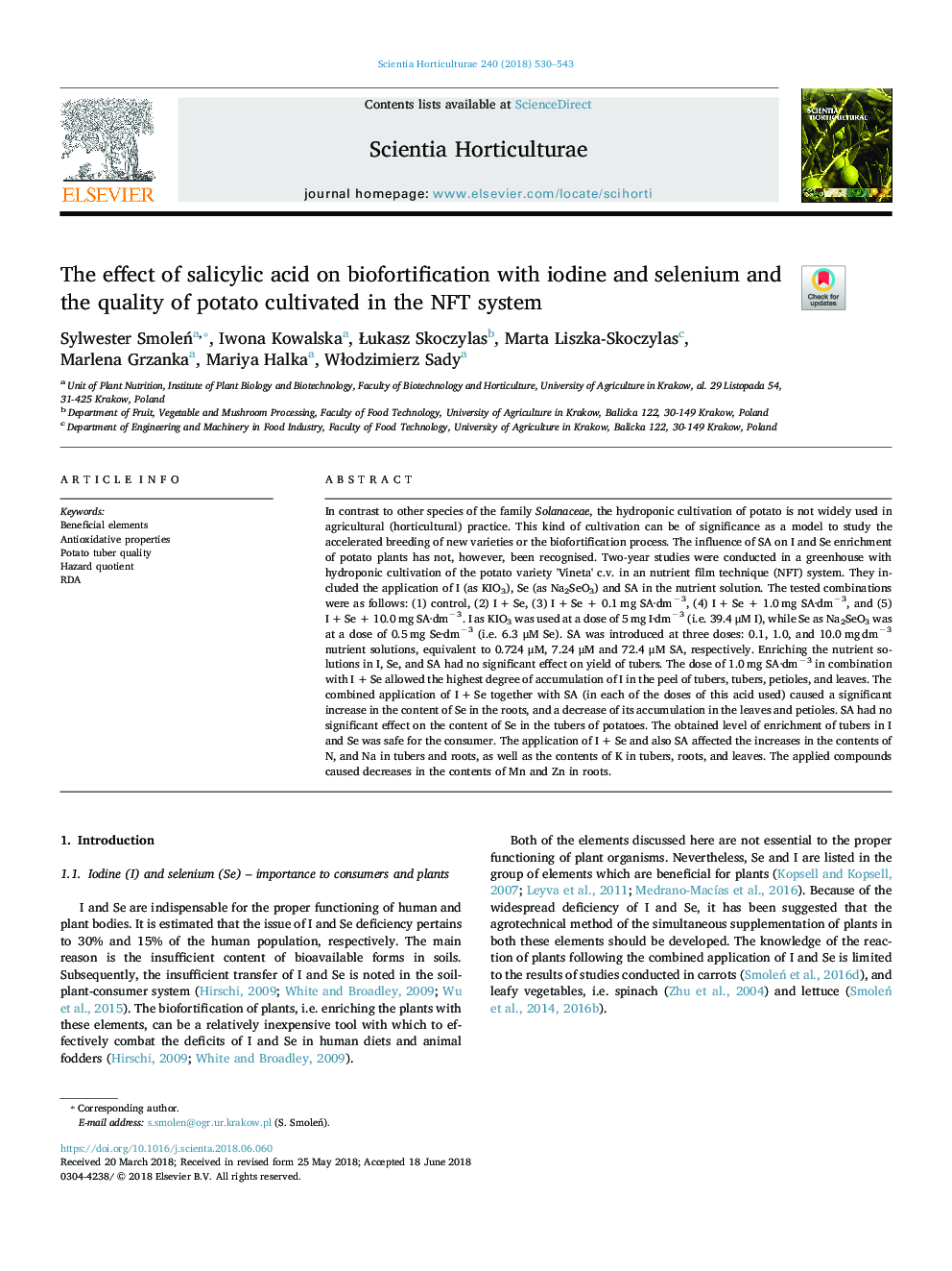 The effect of salicylic acid on biofortification with iodine and selenium and the quality of potato cultivated in the NFT system
