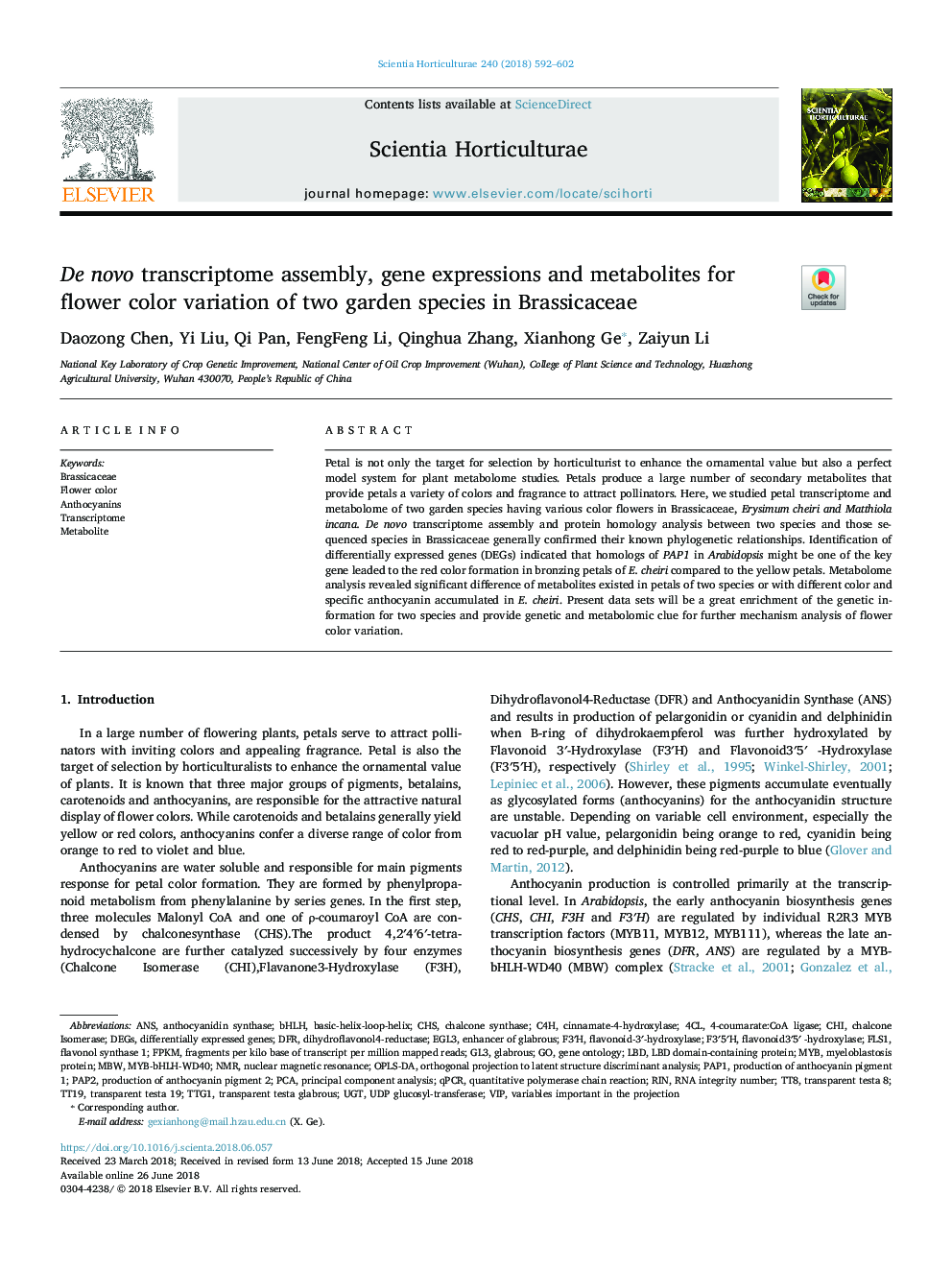 De novo transcriptome assembly, gene expressions and metabolites for flower color variation of two garden species in Brassicaceae