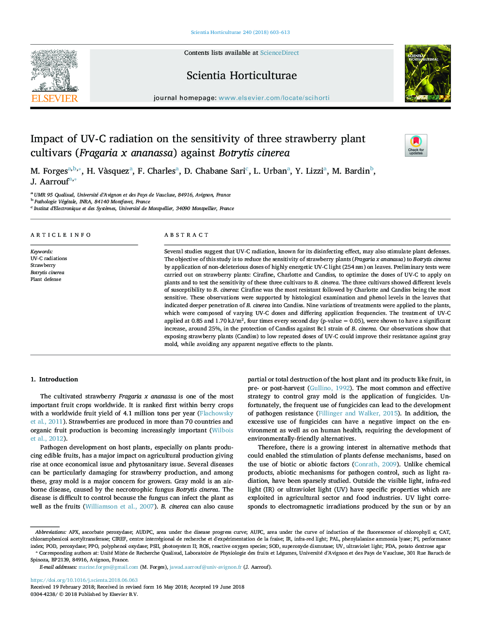 Impact of UV-C radiation on the sensitivity of three strawberry plant cultivars (Fragaria x ananassa) against Botrytis cinerea