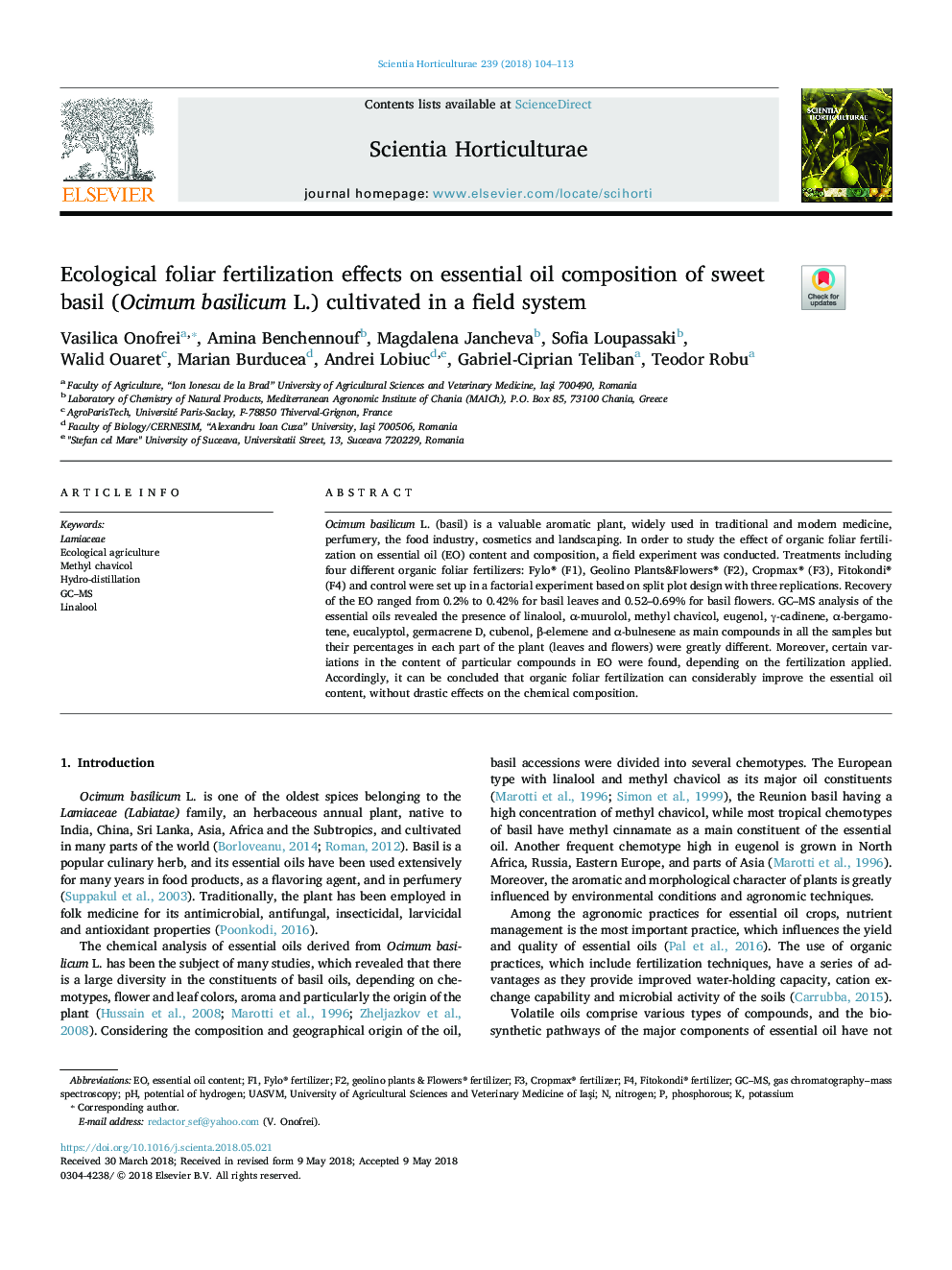 Ecological foliar fertilization effects on essential oil composition of sweet basil (Ocimum basilicum L.) cultivated in a field system