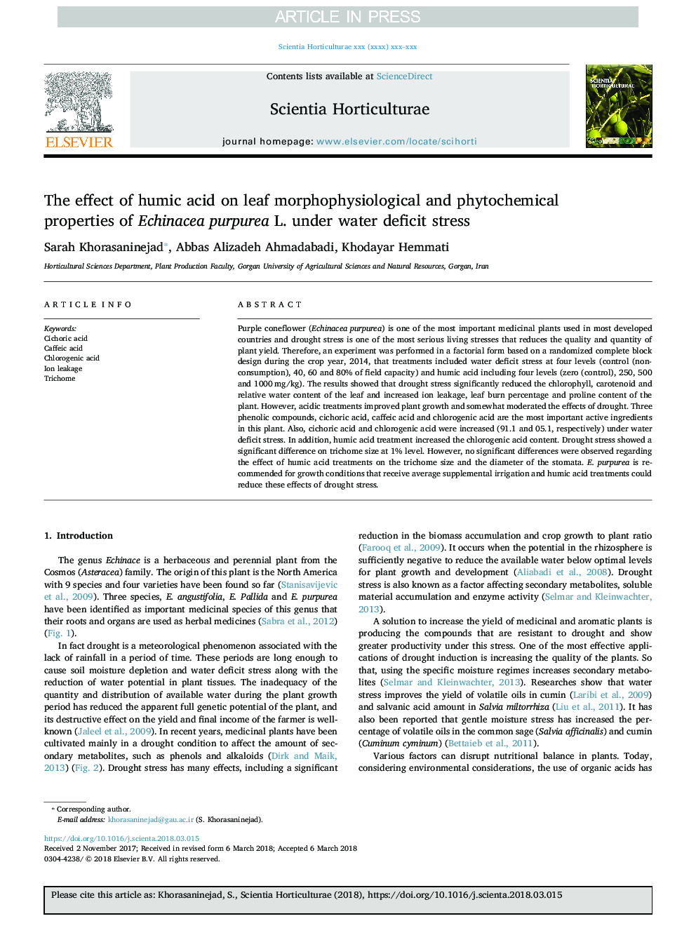 The effect of humic acid on leaf morphophysiological and phytochemical properties of Echinacea purpurea L. under water deficit stress