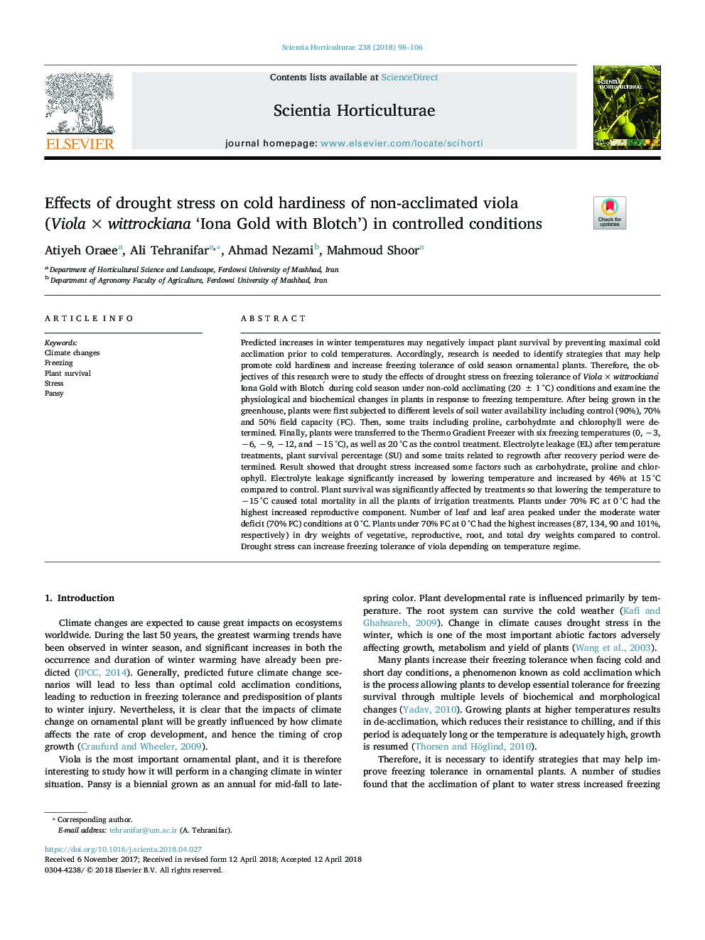 Effects of drought stress on cold hardiness of non-acclimated viola (Violaâ¯Ãâ¯wittrockiana 'Iona Gold with Blotch') in controlled conditions